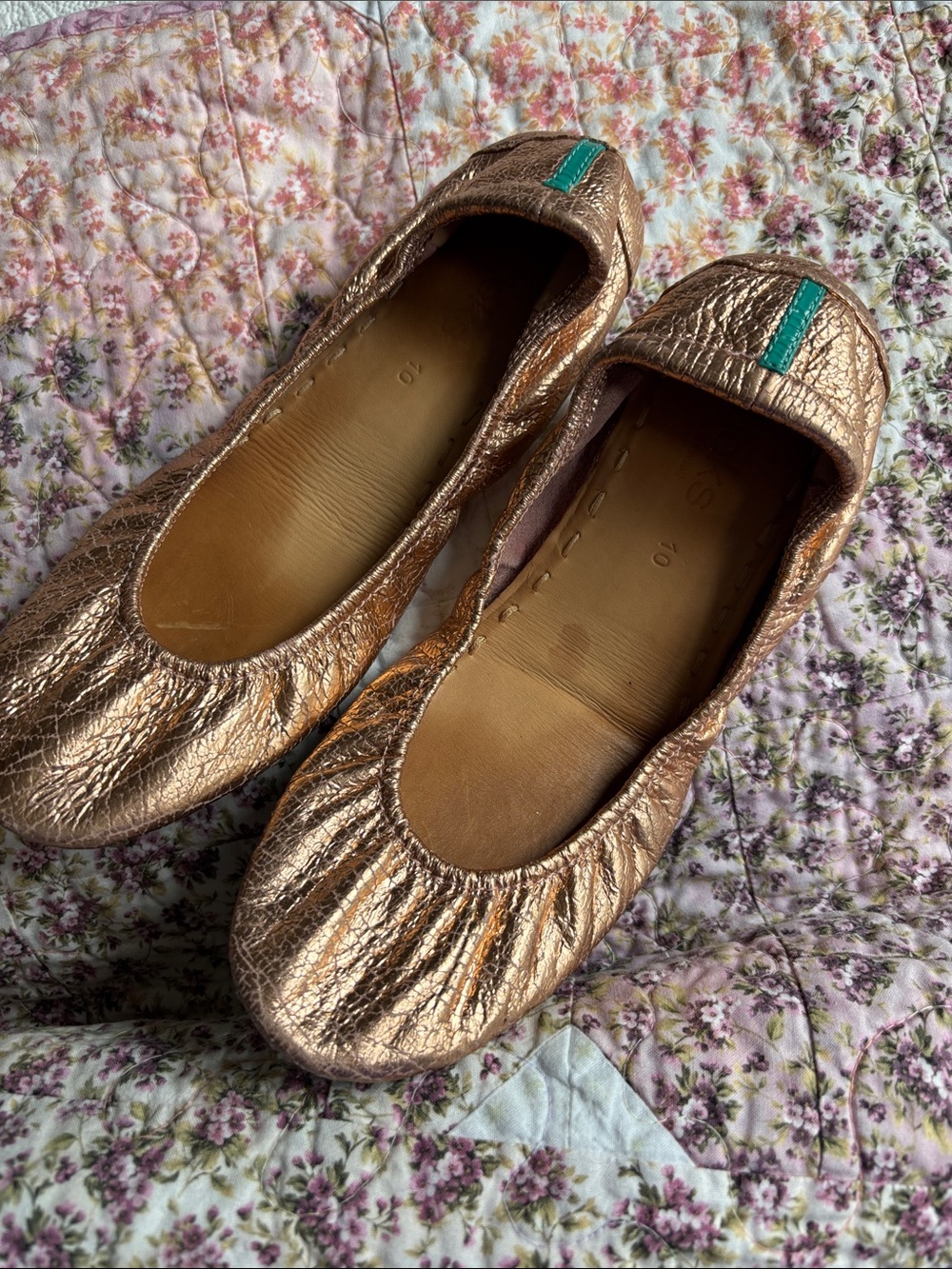 Tieks Sz 10 Foldable Teal and Rose Gold Women’s Slip-On Travel Flats